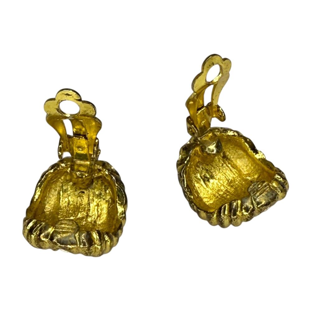 Vintage Gold‑Tone Rhinestone Dome Clip‑On Earrings Textured Statement Jewelry - Picture 4 of 6